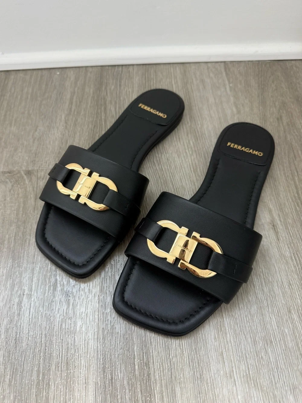 Ferragamo Black Gancini Flat Sandals | Size 6 / 36